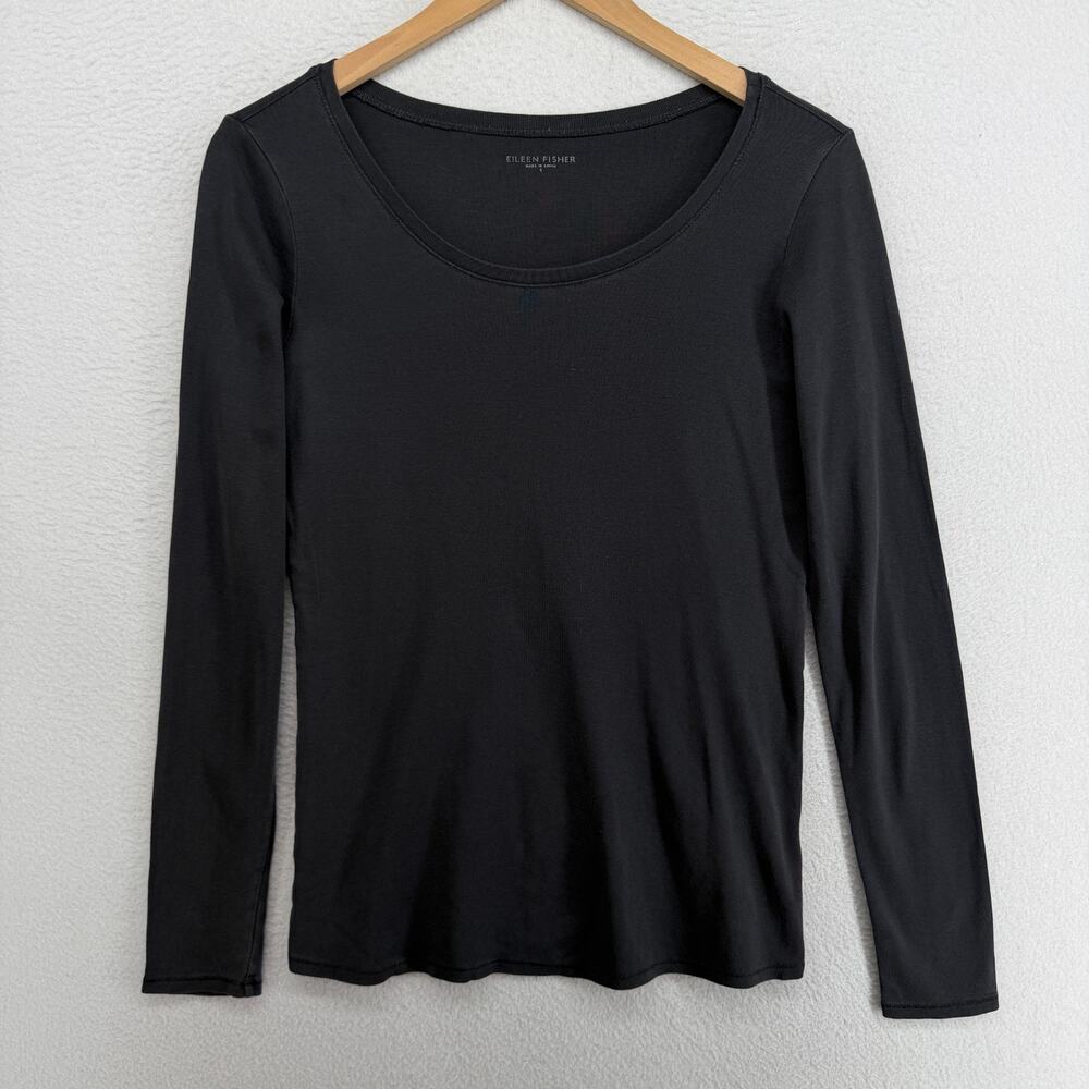 EILEEN FISHER Top S Organic Cotton Ribbed Jersey Scoop Neck Long Sleeve Gray